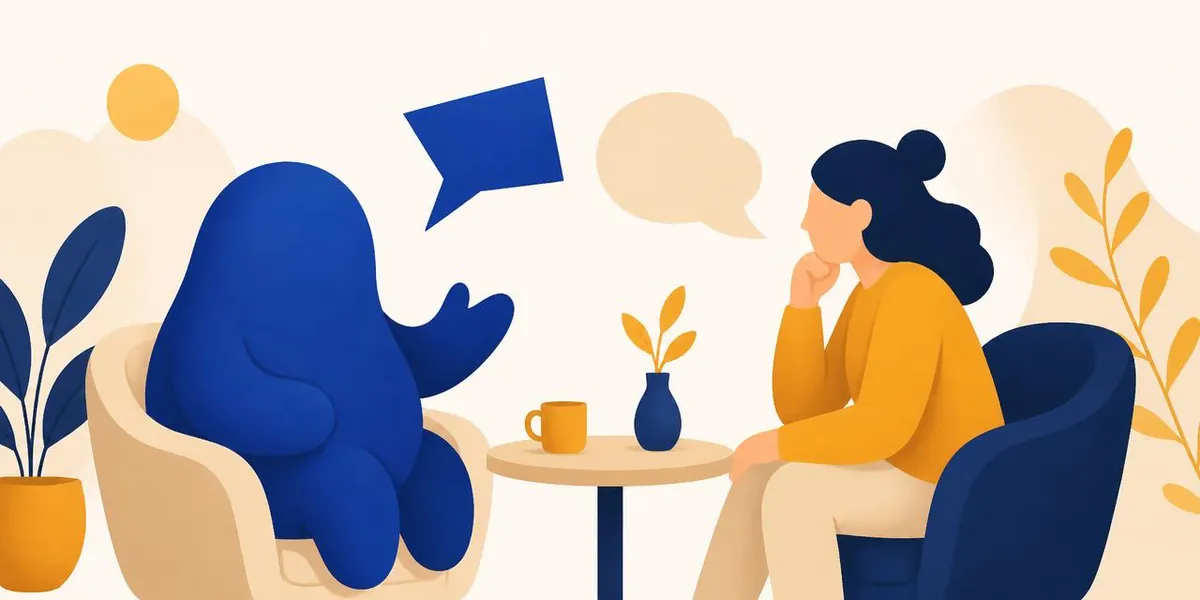 Illustration: zwei Gegenüber in einem angespannten Gespräch, Pio als blaue Figur auf der einen Seite